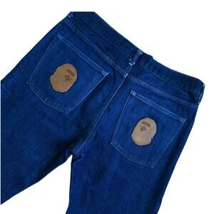 34" x 32"  L Bape Slim Taper Leather Ape Head Patch Denim